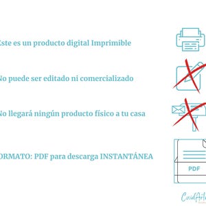 May include: A digital printable product, indicated by a printer icon. The text states that the product is not editable or for commercial use, and that no physical product will be shipped. The text also states that the product is in PDF format and is available for instant download. A PDF icon is shown.