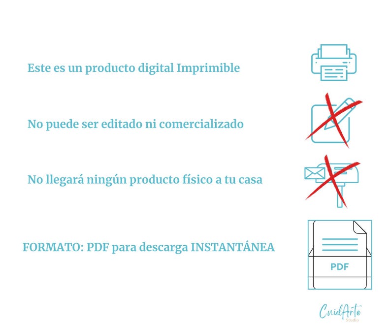 May include: A digital printable product, indicated by a printer icon. The text states that the product is not editable or for commercial use, and that no physical product will be shipped. The text also states that the product is in PDF format and is available for instant download. A PDF icon is shown.
