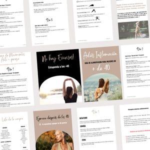 May include: A collection of pages from a guidebook for women over 40. The pages feature text in Spanish, including the title "No hay Exensas!" which translates to "No excuses!" and "Adiss Inflamaci&oacute;n" which translates to "Goodbye Inflammation." The guidebook includes information on exercise, nutrition, and anti-inflammatory foods.