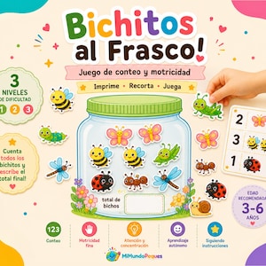 Puede incluir: Un juego educativo colorido de conteo y motricidad titulado Bichitos al Frasco que presenta una ilustración central de un frasco de vidrio rodeado de recortes de insectos como abejas, mariposas, mariquitas y caracoles, con texto e iconos instructivos.