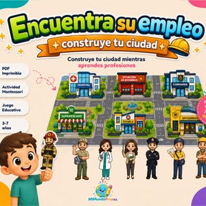 Puede incluir: Un set de actividades educativas imprimibles titulado Encuentra su empleo construye tu ciudad que muestra un mapa de ciudad animado con edificios como hospital, estación de bomberos y escuela, además de figuras de papel de diversos profesionales.
