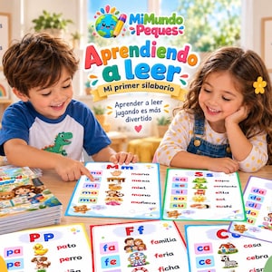 Könnte beinhalten: Ein Set aus Lernmaterialien mit dem Titel Mi Mundo Peques, bestehend aus farbenfrohen, illustrierten Tafeln mit Buchstaben, Silben und zugehörigen Wörtern wie mano, mesa und miel, ergänzt durch einen Bücherstapel und einen Stiftehalter.