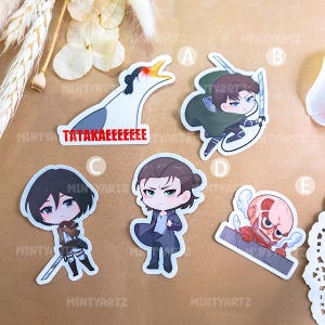 May include: Set of ten anime-style stickers featuring characters from the popular anime series Attack on Titan. The stickers are printed on white vinyl and feature a variety of characters, including Eren Yeager, Mikasa Ackerman, and Armin Arlert. The stickers are perfect for adding a touch of anime flair to laptops, water bottles, and other surfaces.