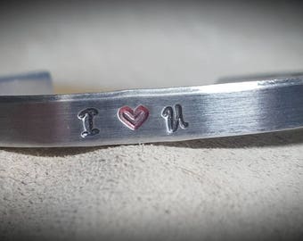 I <3 U -- i love you motivational inspirational life quote holistic unisex cuff bracelet, stacking, customizable