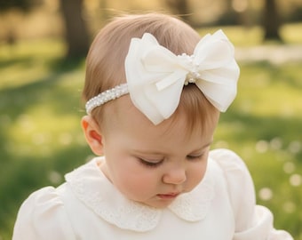 Ivory Baby Bow Headband: Newborn Photo Prop, Christening Hair Accessory