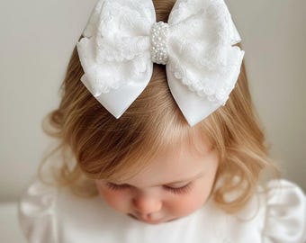 Lace Bow Clip, Off White Pearl Christening Baptism Hair Bow, Flower Girl