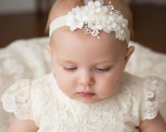 Ivory Daisy Taufhaarband mit Perlen und Spitze
