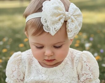 Ivory Lace Baby Headband: Vintage Pearl Bow, Christening Headband