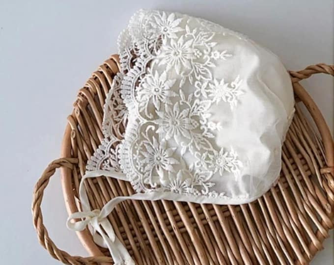 Lace Baby Bonnet, Off White Floral Cotton Sun Hat