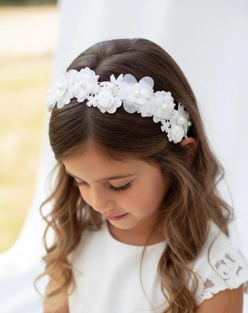 Lace Daisy Pearl Flower Girl Headband - Bridal Holy  display picture 1
