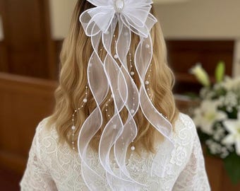 Pure White Holy Communion Hair Bow with Tassels - Flower Girl Bridal Hair Accessory, Veil
