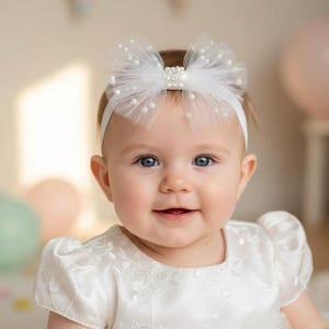 Pearl & Tulle Bow Baby Headband: Newborn Photo Prop, Christening Gift