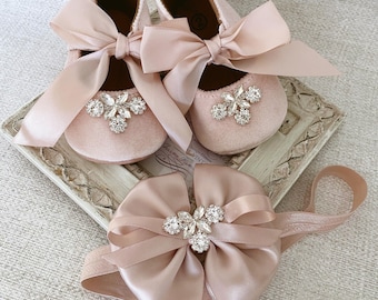 Chaussures bébé en velours rose, ensemble bandeau avec nœud en strass, chaussures 1er anniversaire
