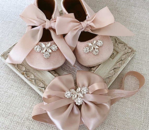 Pink Velvet Baby Shoes, Rhinestone Bow Headband Set, 1st Birthday Shoes