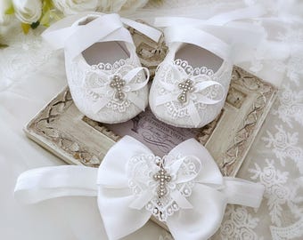 Christening Shoes and Headband Set with Lace Hearts and Rhinestone Cross