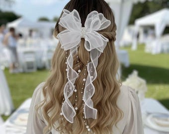 Hair Bow with Pearl Tassels: Holy Communion, Flower Girl, Bridal Hair Accessory