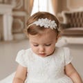 Handmade Daisy Pearl Christening Baptism Headband, Off White Lace Headpiece