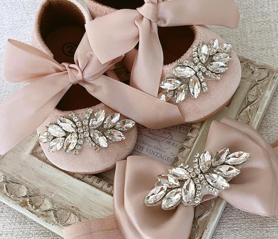 Rosa Babyschuhe Mit Strass – Weiche Sohle, Für 3–6 Monate, Handgefertigt, Mit Aurora Borealis Kristallen