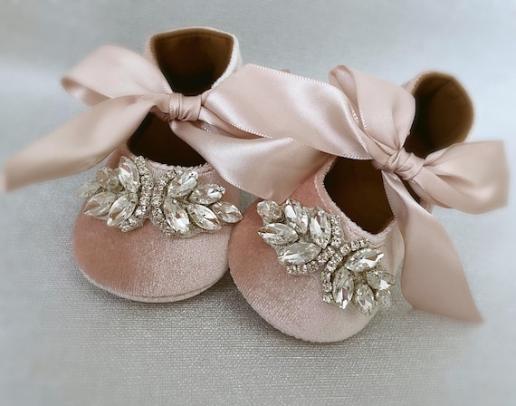 Rosa Samt Babyschuhe mit Strass, Geburtstag Schuhe, Blush Samt