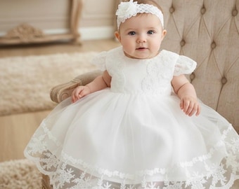 Robe de baptême blanc cassé, robe de baptême en tulle et dentelle