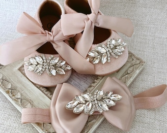Chaussures bébé en velours rose avec serre-tête en strass, First Walker Shoes