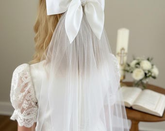 Velo in tulle con fiocco in raso bianco sporco – Prima Comunione, Damigella, Accessorio per capelli da sposa
