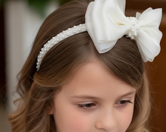 Off White Bow Headband with Pearls - Bridal, Communion, Flower Girl