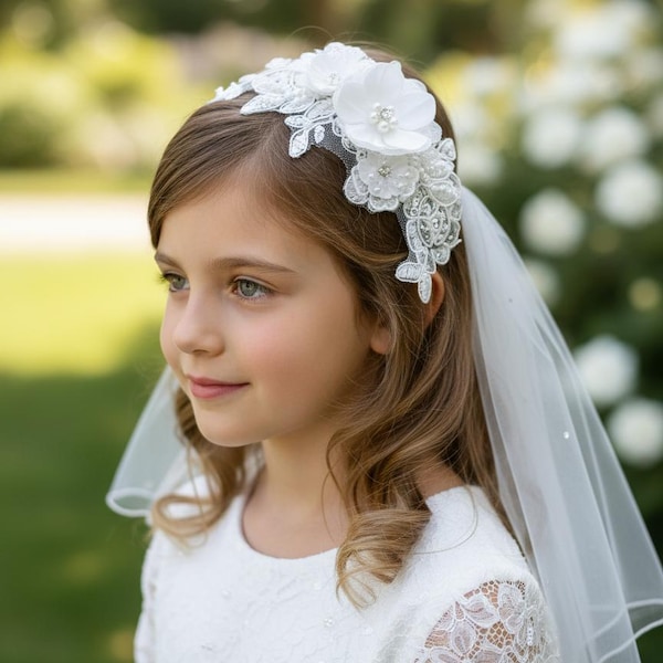 Erste Heilige Kommunion Blumenspitze Stirnband Schleier Set Mädchen Zeremonie