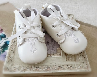 Baby Boy Baptism Booties: Off White Faux Leather Shoes with Embroidered Cross
