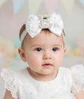 Personalised Baby Headband: White Lace, Pearls, Initial Big Bow