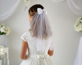 First Holy Communion Veil with Bow, Lace, Pearls, Flowers & Tulle, Flower Girl Headpiece