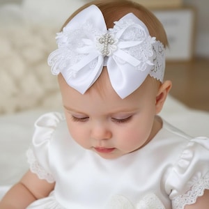 White Lace Christening Bow Headband with Cross, Lace, Pearl