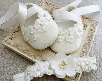Off White Daisy Pearl Christening Shoes & Flower Headband Set