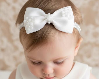 Diadema de bautizo, lazo de satén blanco roto con margaritas, diadema de perlas para bautizo