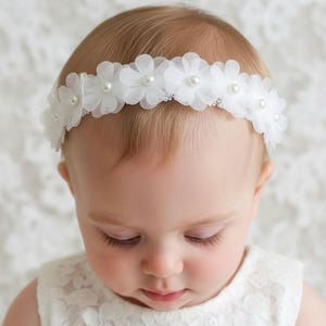Baby Christening Baptism Lace Headband in Off White, Daisy Flowers, Pearls