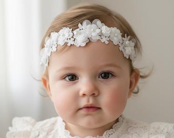 Bandeau de baptême en dentelle avec marguerites et perles, accessoire de dédicace de bébé