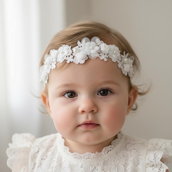 Lace Christening Baptism Headband with Daisies and Pearls, Baby Dedication Accessory