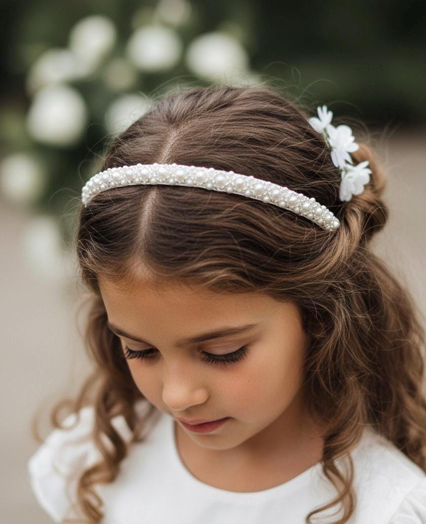 Ivory Tulle Flower Girl Headpiece Wedding Headband Pearl Hair Accessory SWEETV - Brandclub - SWEETV Flower Girl Headpiece Ivory  main image 2