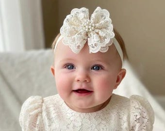 Ivory Lace Big Bow Christening Baptism Headband with Pearls, Flower Hirl Accessory