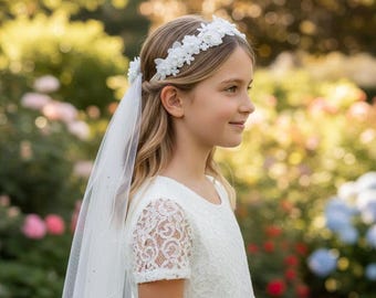 Conjunto de diadema y velo de encaje floral para primera comunión para niñas.