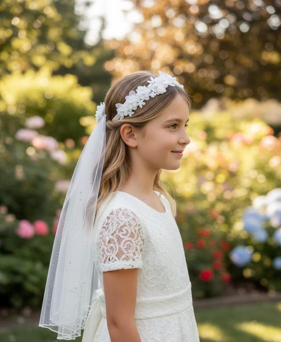 First Holy Communion Floral Lace Headband Veil Set Girls Ceremony