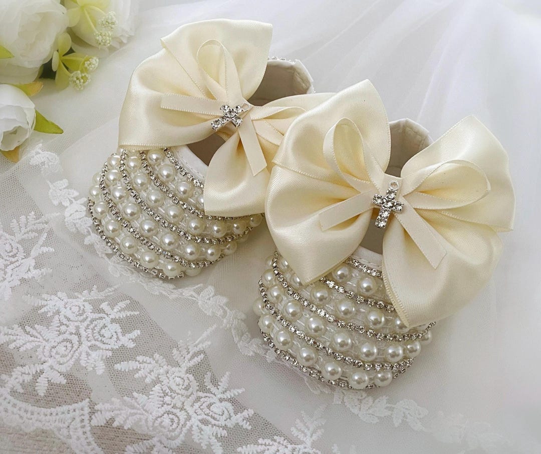 Pearl Rhinestone Christening Shoes With Bows and Crosses, Baptism ...