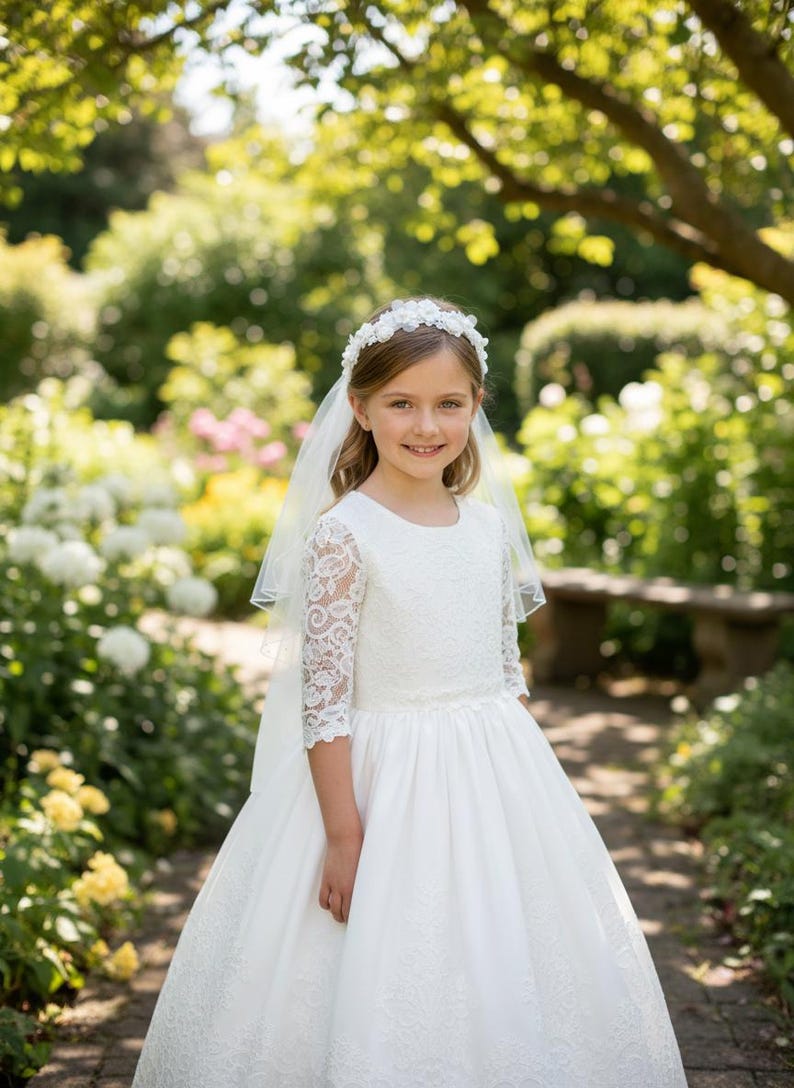 May include: A young girl in a white communion dress with lace sleeves and a matching floral headband. She is wearing a sheer veil and standing in a garden with a stone bench and lush greenery.