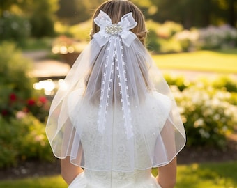 First Holy Communion Veil for Girls – White Bow with Rhinestone Center, Heart Tulle Headpiece