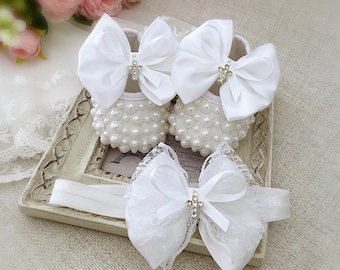 Pearl Christening Shoes with Bow & Rhinestone Cross Headband Set