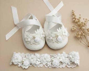 Off White Christening Shoes with Daisy Flowers, Pearl, Lace Headband