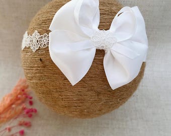 Diadema de bautizo con lazo grande en blanco roto y encaje, accesorio para la dedicación del bebé