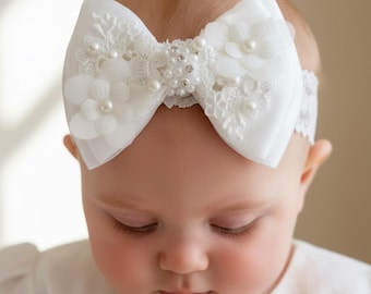 Tauf Stirnband, off white Satin Schleife mit Spitze und Perlen