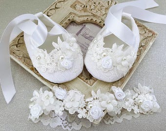 White Christening Shoes with Daisy Flowers, Pearl, Lace Headband Set