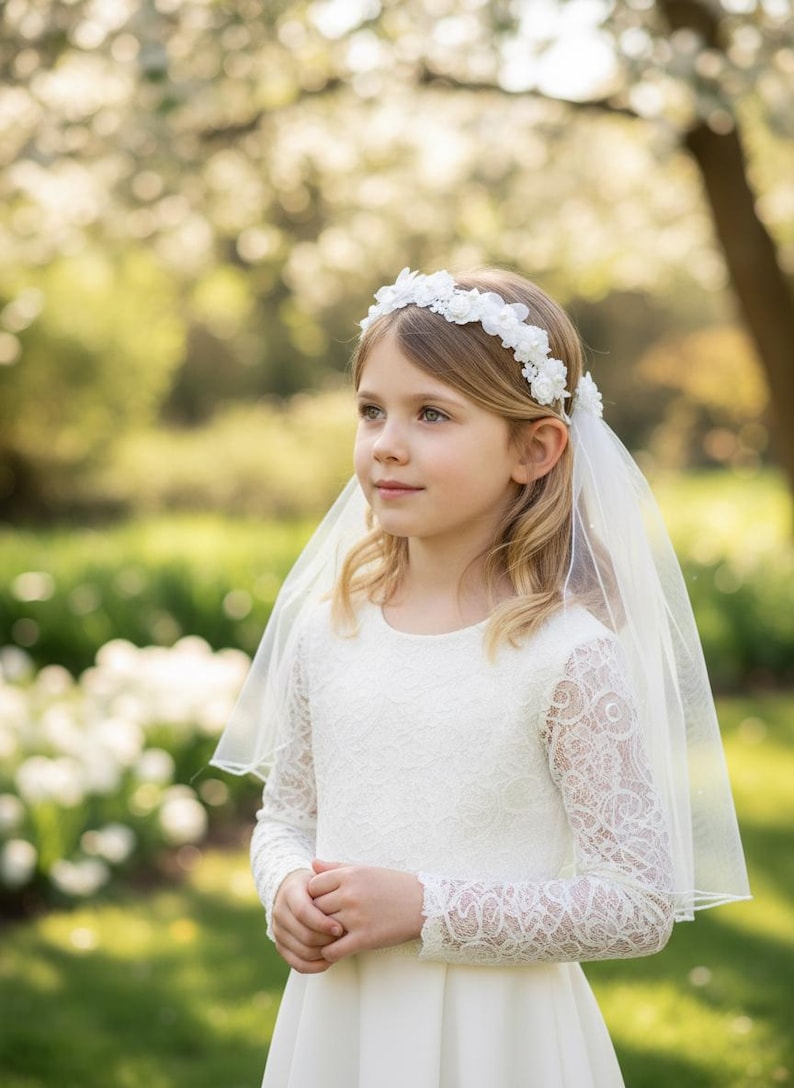 May include: A young person wearing a white lace dress with long sleeves, a floral headband, and a sheer veil. The dress has a simple, elegant design. The background is a blurred garden setting with white flowers.